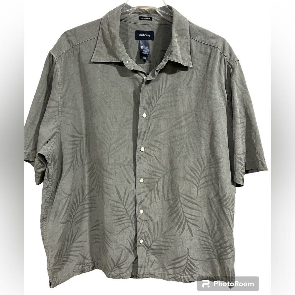 Men’s 100% Silk Claiborne Palm Print Short Sleeve Button Down Shirt Size XL